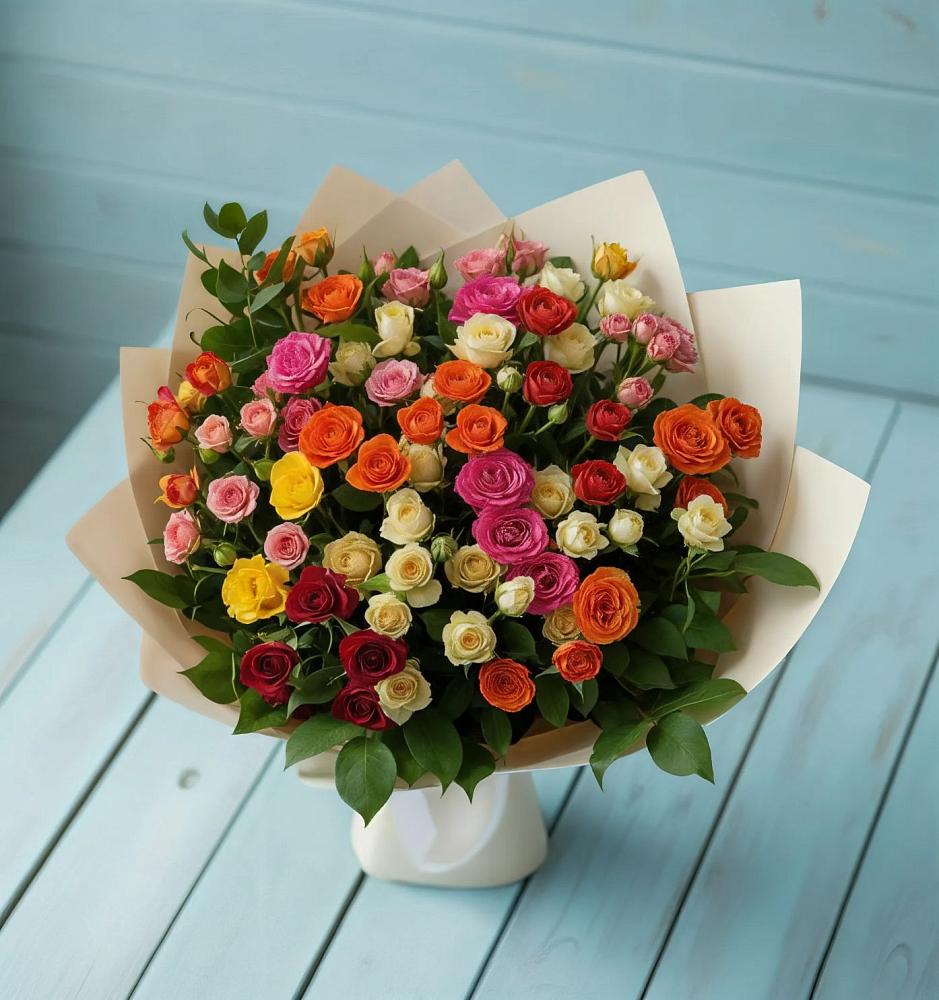 Букет Микс из разноцветных кустовых роз в Парфино